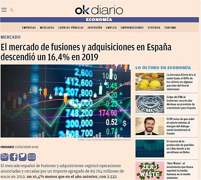 El mercado de fusiones y adquisiciones en Espaa descendi un 16,4% en 2019